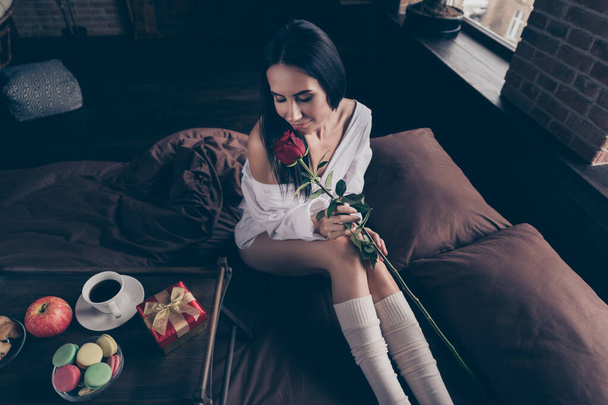 Above high angle view of her she nice attractive charming lovely pretty cheerful dreamy girl sitting on bed enjoying smelling fresh red rose at industrial brick wood loft modern interior style house - Foto, imagen