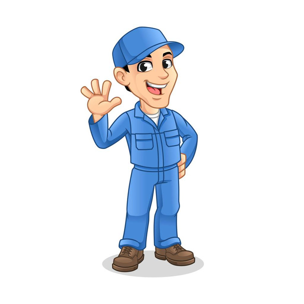 Mechanische man met zwaaiende hand gebarentaal Teken voor service, reparatie of onderhoud Mascotte Concept Cartoon Character Design, Vector Illustratie, in geïsoleerde witte achtergrond. - Vector, afbeelding