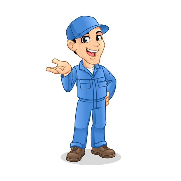 Mechanic Man with Present Something Hand Gesture Sign for Service, Repair or Maintenance Mascot Concept Σχεδιασμός χαρακτήρων κινουμένων σχεδίων, διανυσματική απεικόνιση, σε απομονωμένο λευκό φόντο. - Διάνυσμα, εικόνα