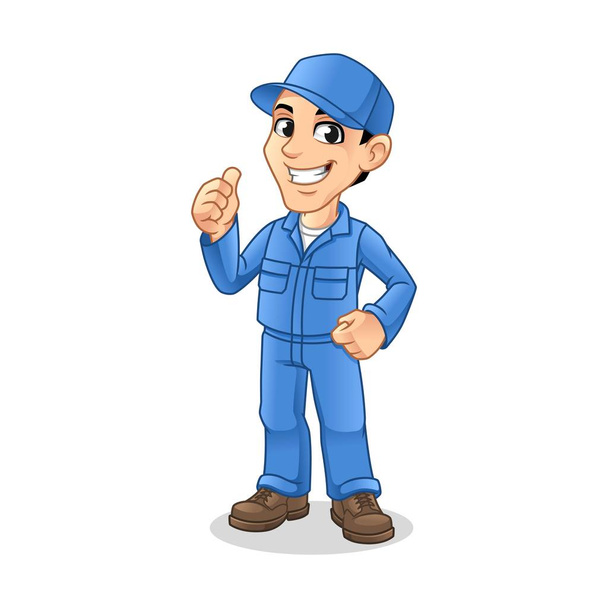 Mechanic Man with Thumbs Up Hand Gesture Sign for Service, Repair or Maintenance Mascot Concept Σχεδιασμός χαρακτήρων κινουμένων σχεδίων, Διάνυσμα Εικονογράφησης, σε Απομονωμένο Λευκό Φόντο. - Διάνυσμα, εικόνα