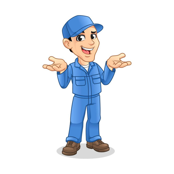 Mechanic Man with Confused Gesture Sign for Service, Repair or Maintenance Mascot Concept Cartoon Character Design, Vector Illustration, in Isolated White Background. - Vector, Image