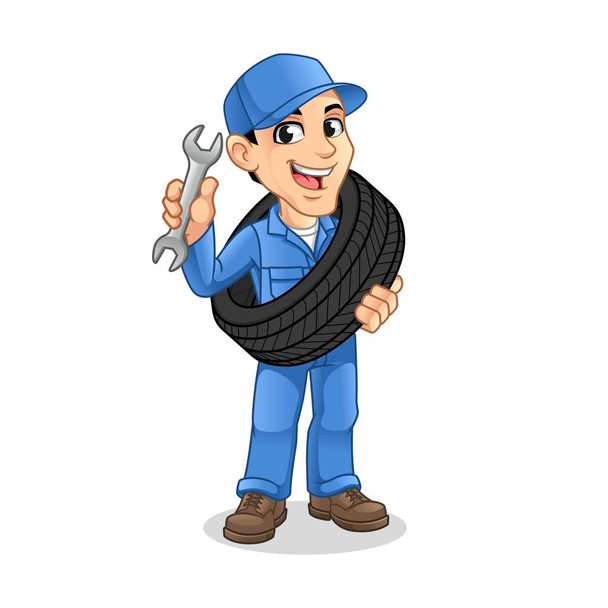 Mechanic Man Carrying The Tire with Holding a Wrench in The Other Hand for Service, Repair or Maintenance Mascot Concept Cartoon Character Design, Vector Illustration, in Isolated White Background. - Vektör, Görsel