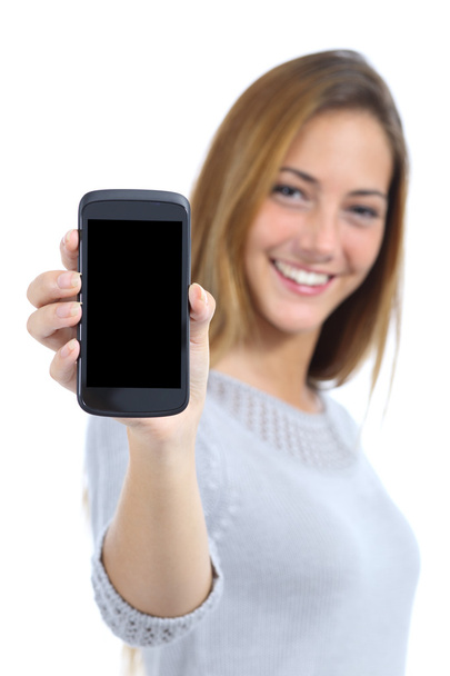 Happy pretty woman showing a blank smart phone screen - Foto, afbeelding
