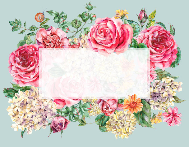 Moldura floral vintage aquarela com rosas cor-de-rosa, hortênsia, Snai
 - Foto, Imagem