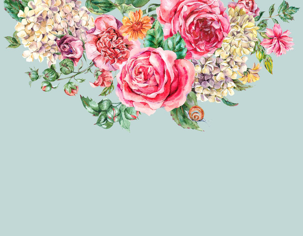 Akwarela Vintage bukiet kwiatowy z różowymi różami, hortensje, Sn - Zdjęcie, obraz