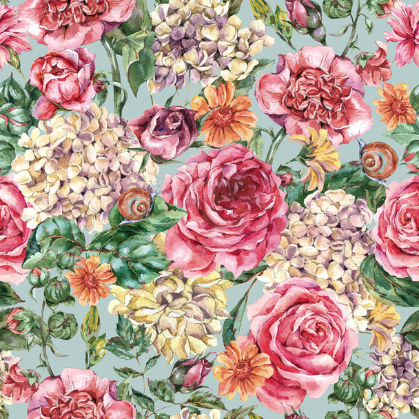 Watercolor Vintage Floral Seamless Pattern with Pink Roses, Hydr - Фото, изображение
