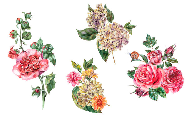 Akvarel Ročník Květinová sada kytice s růžovými růžemi, Hydran - Fotografie, Obrázek