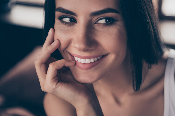 Cropped close-up portrait of her she nice-looking attractive lovely charming cute winsome pretty cheerful girl touching face in house flat apartment indoors - Foto, immagini
