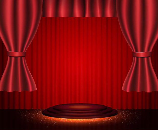 Háttér vörös színházi függönnyel és pódiummal - Vektor, kép