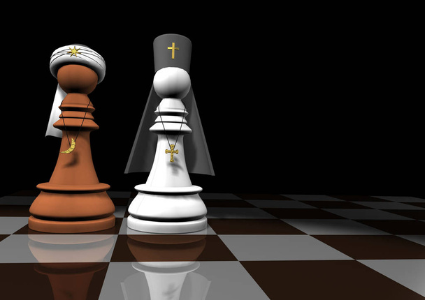 Religious leaders of Islam and Christianity in the form of a chess piece. Mullah and pop. The concept of religion is different God is one. 3D renderi. - Photo, Image