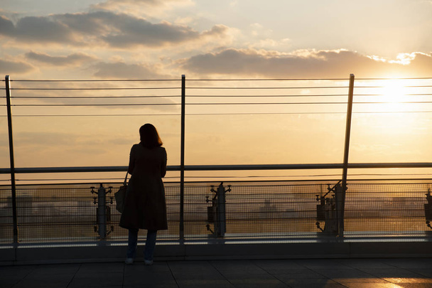 Silhouette of a woman at sunset. Observation deck on the roof of a skyscraper. Silhouette of the back of a girl. Autumn coat and women's handbag. The sun through the clouds, the sky in red, orange. - Foto, Imagem