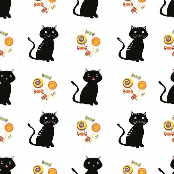 süße schwarze Katzen und buntes Bonbon-Design. nahtlose geometrische Vektormuster auf subtilem, spinnennetzweißem Hintergrund. ideal für Kinder und Halloween-Produkte, Geschenkpapier, Party, Einladungen, Schreibwaren - Vektor, Bild