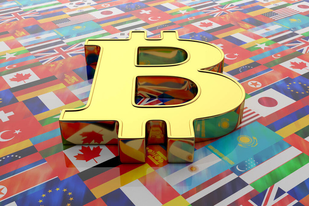 goldenes Bitcoin-Zeichen auf einer Oberfläche, die mit Nationalflaggen von  - Foto, Bild