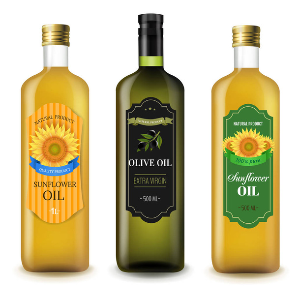 Sunflowers And Olive Oils Bottle transparent Background With Gradient Mesh, Vector Illustration - Διάνυσμα, εικόνα
