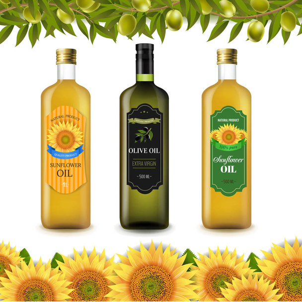 Sunflowers And Olive Oils Bottle Labels With Border Isolated White Background With Gradient Mesh, Vector Illustration - Vetor, Imagem