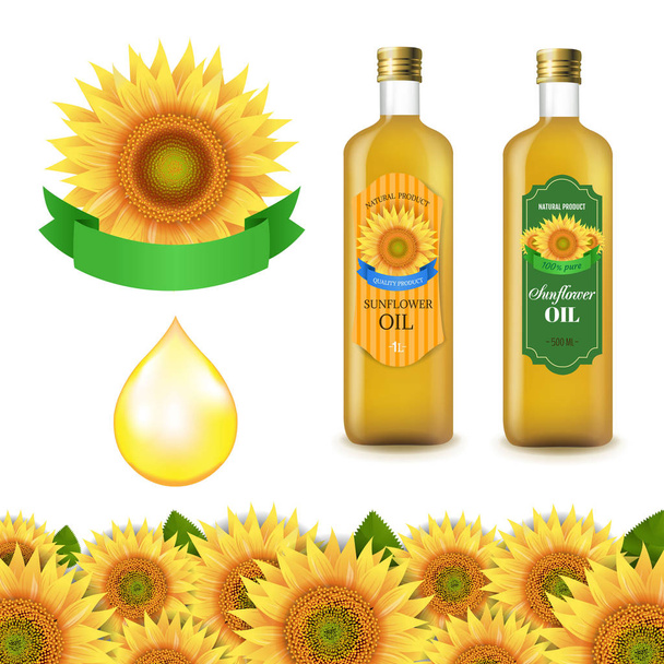 Sunflowers And Olive Oils Bottle White Labels With Border Isolated White Background With Gradient Mesh, Vector Illustration - Διάνυσμα, εικόνα