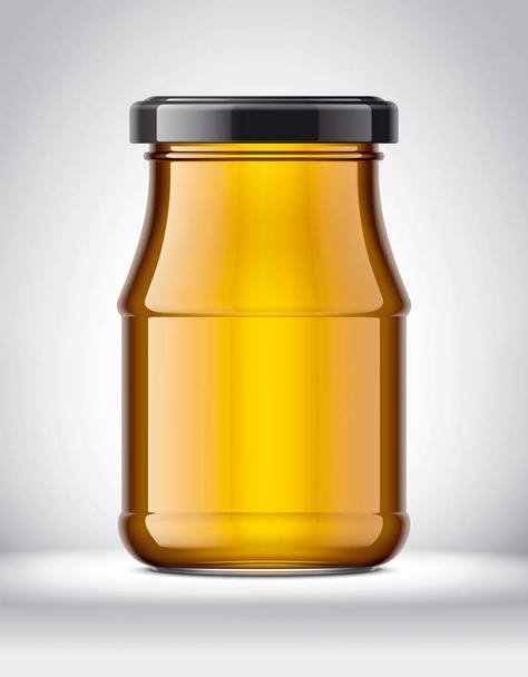Glasgefäß mit Honig auf Hintergrund.  - Foto, Bild