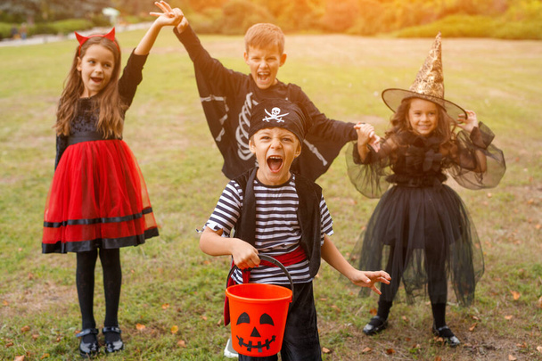 Little pirate trick or treating with friends - 写真・画像