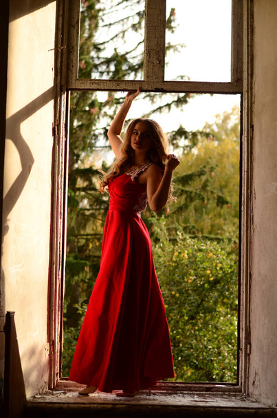 レンガの壁の近くのラッドドレスの美しい現代の女の子。youth sty - 写真・画像