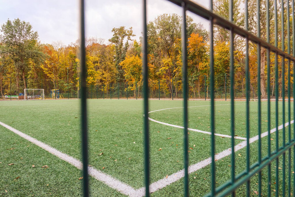 Вид на поле для мини-футбола с искусственной травой через зеленый забор
 - Фото, изображение