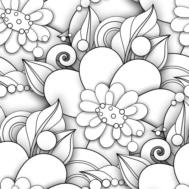 Monochrome Seamless Pattern with Floral Motifs. Endless Texture with Flowers, Leaves . Natural Background in Doodle Line Style. Coloring Book Page.  - Vector, Image