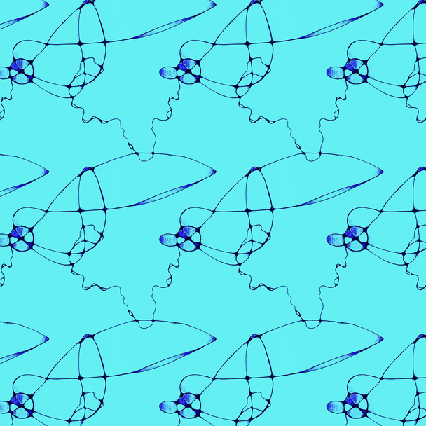 Naadloos abstract patroon getekend met willekeurige gebogen lijnen en toevallige vormen tegen een blauwe achtergrond. Handmatige graphics. - Foto, afbeelding