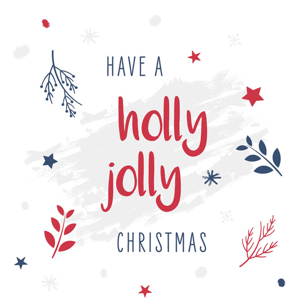 Holly jolly christmas greeting card lettering white background - Vetor, Imagem