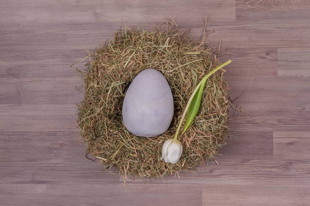 Pääsiäinen pesä kori koristelu iso harmaa muna ja tulppaani kukka
 - Valokuva, kuva