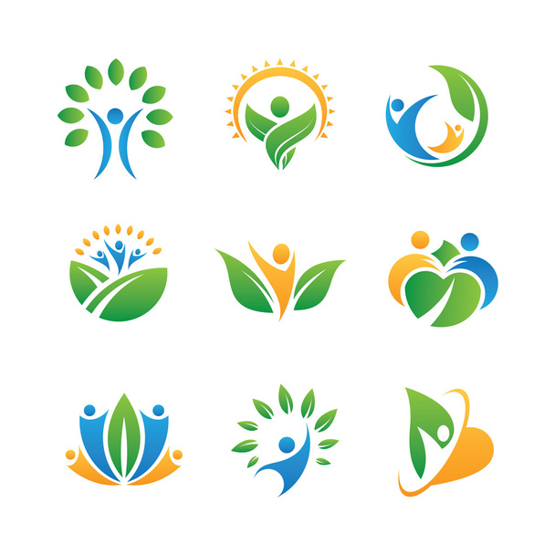 sociale mensen terug naar de natuur leven in harmonie logo en pictogram set - Vector, afbeelding