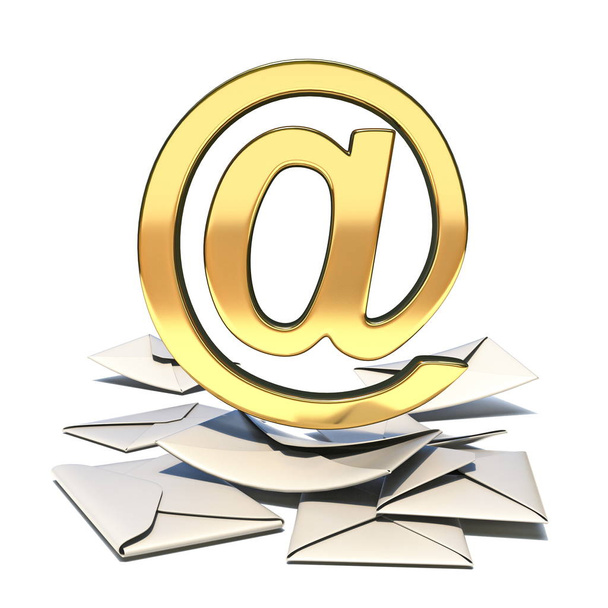 Envelopes with golden e-mail sign 3D - 写真・画像
