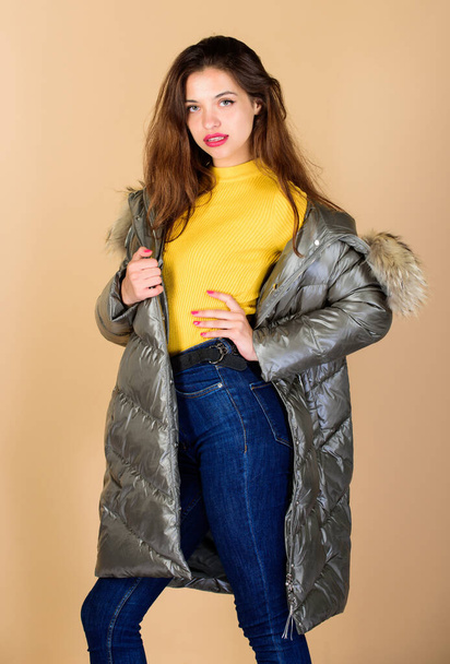 Winter outfit. Pretty girl wear fashion outfit for cold weather. Black friday. Confidence and femininity. Enjoying her outfit. Be stylish this winter. Emotional woman in jacket. Playful fashionista - Valokuva, kuva