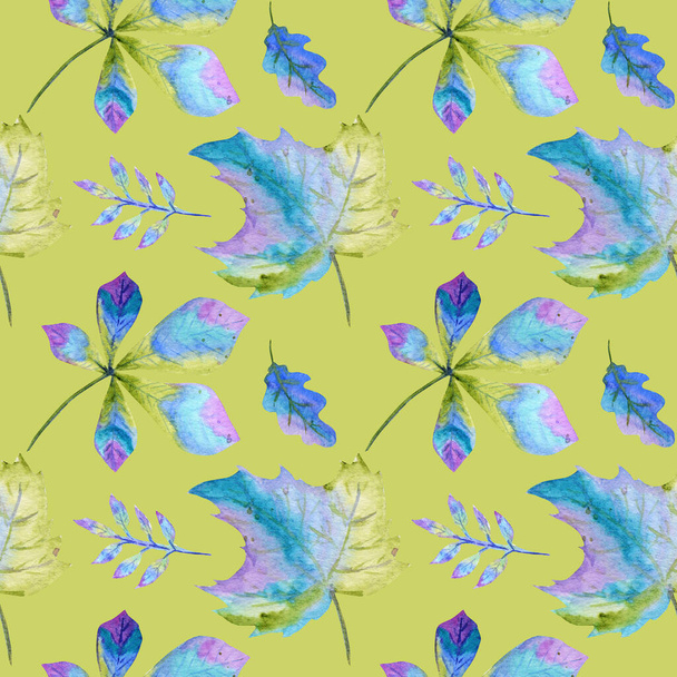 Kusursuz desenli Suluboya Parlak Sonbahar yaprakları. Yeşil, mavi ve mor renkler El çizimi sonbahar yaprağı yeşil arkaplanda. Kağıt, kumaş dokusu. Tebrik kartı Posteri konsepti - Fotoğraf, Görsel