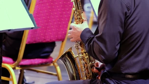 Professionele gemeentelijke fanfare. Een mannelijke muzikant in een zwart shirt zit op een rode stoel en speelt op een gouden saxofoon. Close-up, zicht van achteren. Saxofonist Live optreden. Jazz muziek. - Video