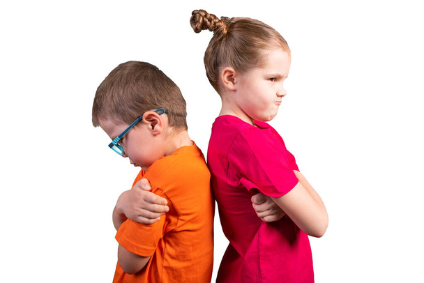 Sister and brother were offended at each other. Isolated on a white background. - Photo, Image