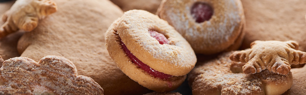 close up view of delicious baked Christmas cookies, panoramic shot - Foto, immagini