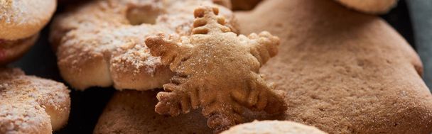 close up view of delicious baked Christmas cookies, panoramic shot - Foto, imagen