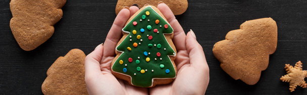 vista cortada de mulher segurando biscoito de árvore de Natal em mãos, tiro panorâmico
 - Foto, Imagem