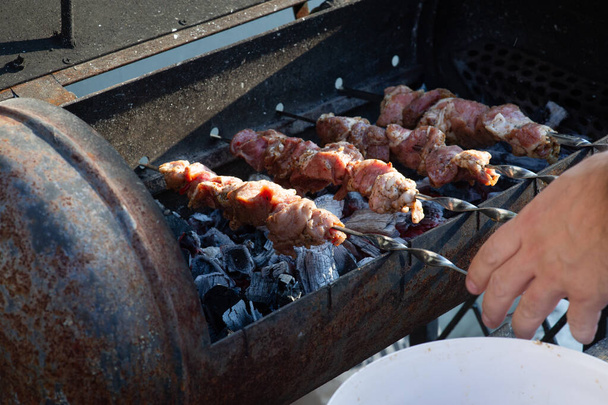 špejle na špejlích. Grilované kebab vaření na kovovém špejli. - Fotografie, Obrázek