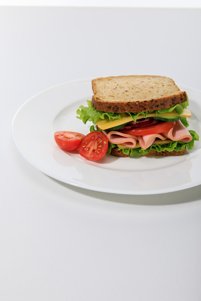 friss szendvics salátával, sonkával, sajttal, szalonnával és paradicsommal tálcán, fehér alapon - Fotó, kép
