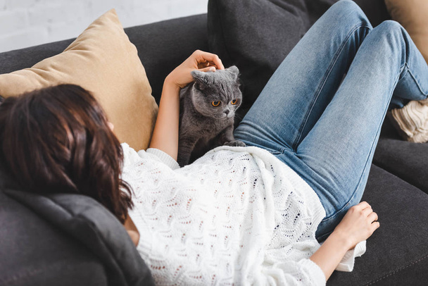 young woman lying on sofa with scottish fold cat   - 写真・画像