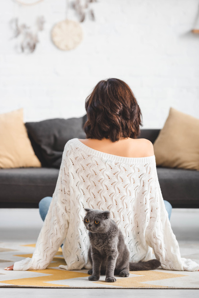 back view of woman sitting on floor with scottish fold cat   - Foto, Bild