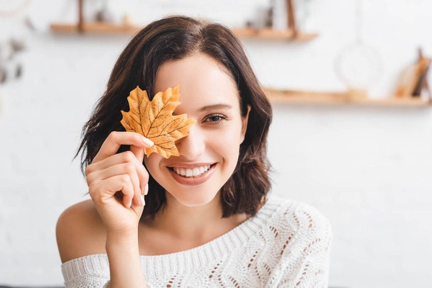 beautiful cheerful girl holding yellow autumn leaf in front of face  - Photo, Image