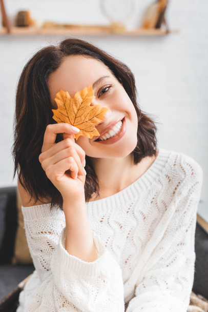 beautiful happy girl holding yellow autumn leaf in front of face  - Zdjęcie, obraz