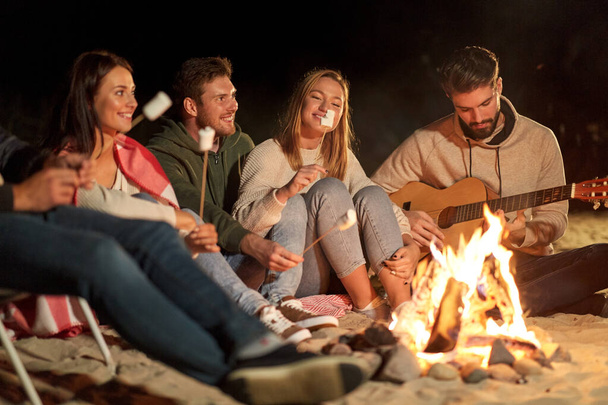 friends roasting marshmallow and playing guitar - Photo, image