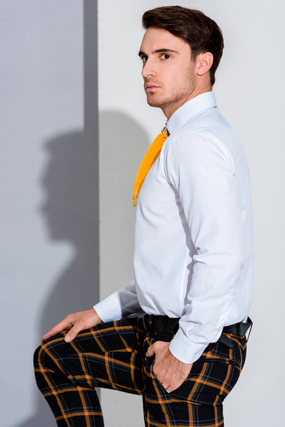 handsome man in plaid trousers on white and grey  - Foto, Imagen