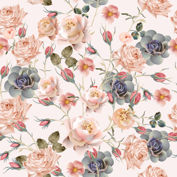 Beautiful floral vintage pattern with pastel pink and beige rose - Vektori, kuva
