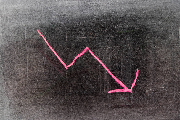 Dibujo de tiza roja en forma de flecha de tendencia descendente sobre fondo de tablero negro
 - Foto, Imagen