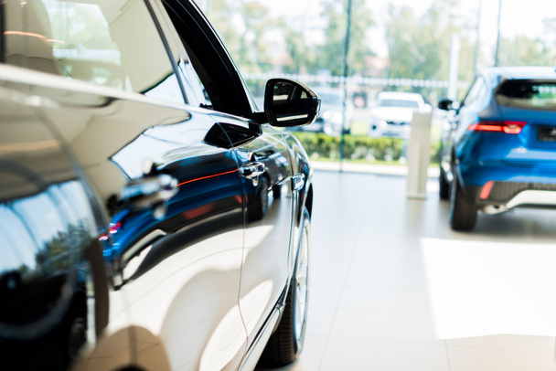 selective focus of blank and blue shiny cars in car showroom  - Фото, изображение