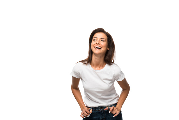 beautiful laughing woman in white t-shirt, isolated on white - 写真・画像