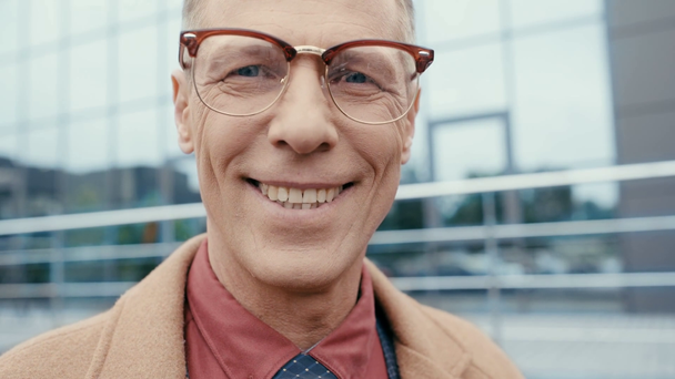 Lächelnder Geschäftsmann mit Brille blickt in die Kamera  - Filmmaterial, Video